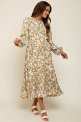 Cream Floral Plisse Long Sleeve Maternity Dress