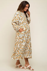 Cream Floral Plisse Long Sleeve Maternity Dress