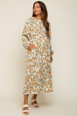 Cream Floral Plisse Long Sleeve Maternity Dress