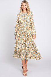 Cream Floral Plisse Long Sleeve Dress