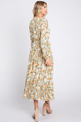 Cream Floral Plisse Long Sleeve Dress