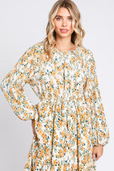 Cream Floral Plisse Long Sleeve Dress