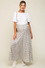 Beige Plaid Linen Maternity Maxi Skirt