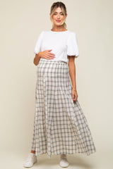 Beige Plaid Linen Maternity Maxi Skirt