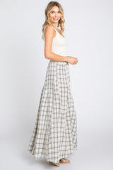 Beige Plaid Linen Maxi Skirt