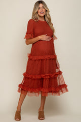 Rust Polka Dot Tulle Smocked Maternity Midi Dress