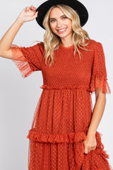 Rust Polka Dot Tulle Smocked Midi Dress