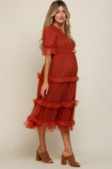 Rust Polka Dot Tulle Smocked Maternity Midi Dress