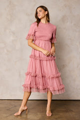 Pink Polka Dot Tulle Smocked Midi Dress