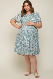 Mint Green Floral Tiered Short Sleeve Maternity Plus Midi Dress