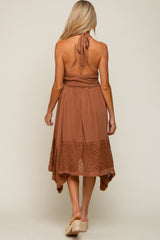 Mocha Lace Accent Halter Maternity Midi Dress