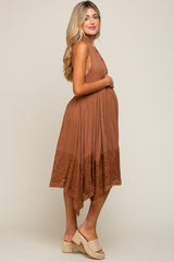 Mocha Lace Accent Halter Maternity Midi Dress