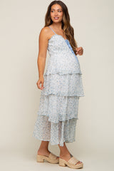 Light Blue Floral Sleeveless Tiered Maternity Maxi Dress