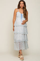 Light Blue Floral Sleeveless Tiered Maternity Maxi Dress