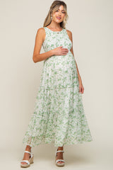 Green Floral Sleeveless Tiered Maternity Maxi Dress