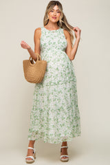 Green Floral Sleeveless Tiered Maternity Maxi Dress