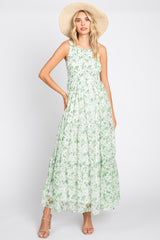 Green Floral Sleeveless Tiered Maxi Dress