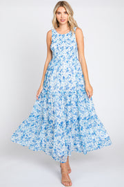 Blue Floral Sleeveless Tiered Maxi Dress