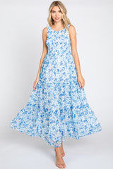 Blue Floral Sleeveless Tiered Maternity Maxi Dress