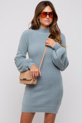 Light Blue Fuzzy Knit Puff Sleeve Sweater Dress