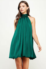 Green Mock Neck Halter Satin Mini Dress