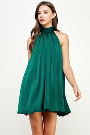 Green Mock Neck Halter Satin Mini Dress