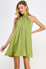 Lime Mock Neck Halter Satin Mini Dress