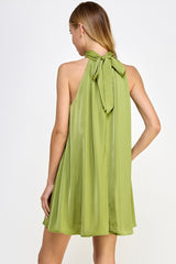 Lime Mock Neck Halter Satin Mini Dress