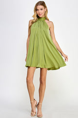 Lime Mock Neck Halter Satin Mini Dress