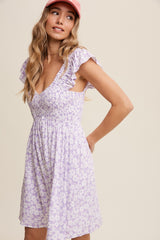 Lavender Flower Print Smocked V-Neck Ruffle Sleeve Dress