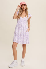 Lavender Flower Print Smocked V-Neck Ruffle Sleeve Dress