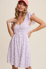 Lavender Flower Print Smocked V-Neck Ruffle Sleeve Dress