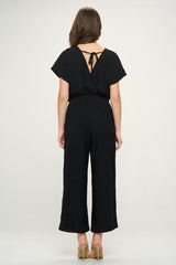 Black Short Sleeves Scoop Back Woven Jumpsuit