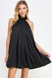 Black Mock Neck Halter Satin Mini Dress