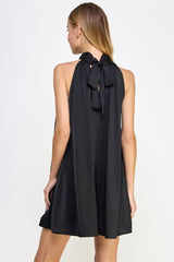 Black Mock Neck Halter Satin Mini Dress