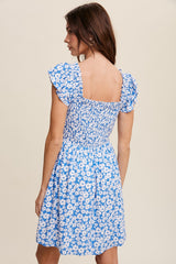 Blue Flower Print Smocked V-Neck Ruffle Sleeve Dress