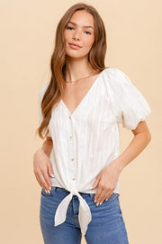 Ivory Puff Sleeve Front Tie Button Down Blouse