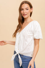 Ivory Puff Sleeve Front Tie Button Down Blouse