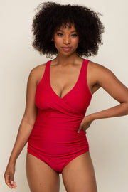 Red Front Twist Open Back One Piece Swimsuit