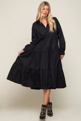 Black Tiered Button Down Midi Dress