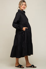 Black Tiered Button Down Maternity Midi Dress