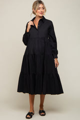 Black Tiered Button Down Maternity Midi Dress