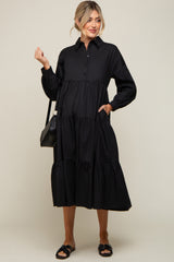 Black Tiered Button Down Maternity Midi Dress