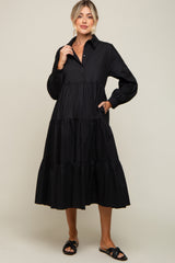 Black Tiered Button Down Maternity Midi Dress