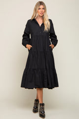 Black Tiered Button Down Maternity Midi Dress