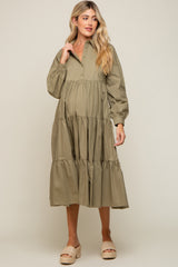 Olive Tiered Button Down Maternity Midi Dress