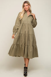 Olive Tiered Button Down Midi Dress