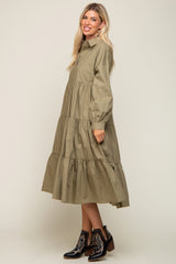 Olive Tiered Button Down Midi Dress