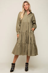 Olive Tiered Button Down Midi Dress