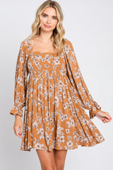 Camel Floral Long Sleeve Maternity Mini Dress